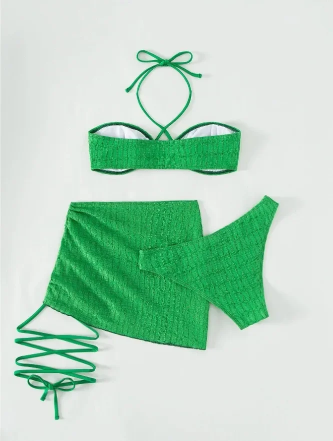 2025 3 Pieces Set Swimsuit Women Thong Swimwear Sexy Lace Up Bikini Set With Sarong Skirt Beachwear Bathing Suit White Cover Ups