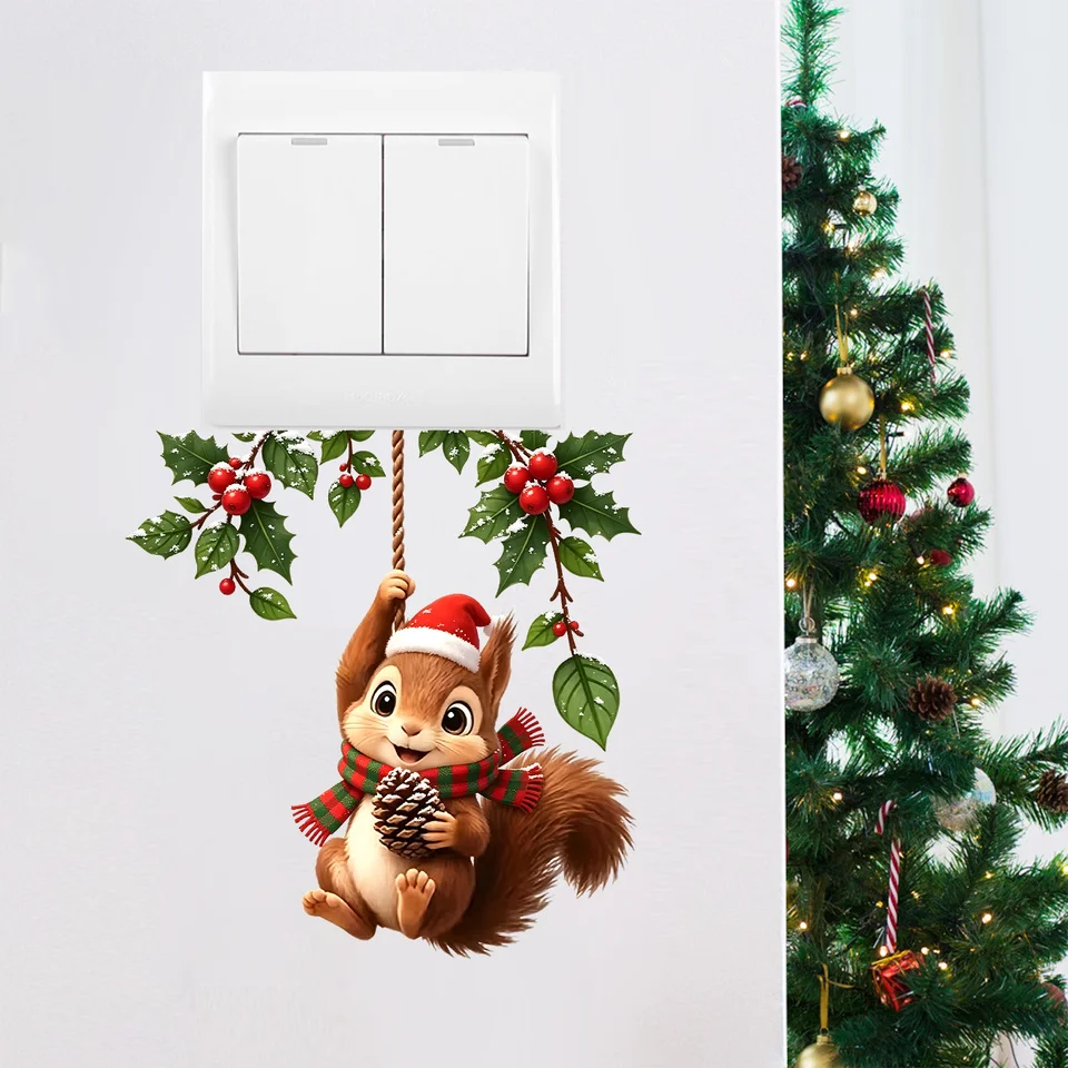 Cute Christmas Squirrel Switch Wall Stickers, Home Decor Mobile Cartoon Animal Stickers