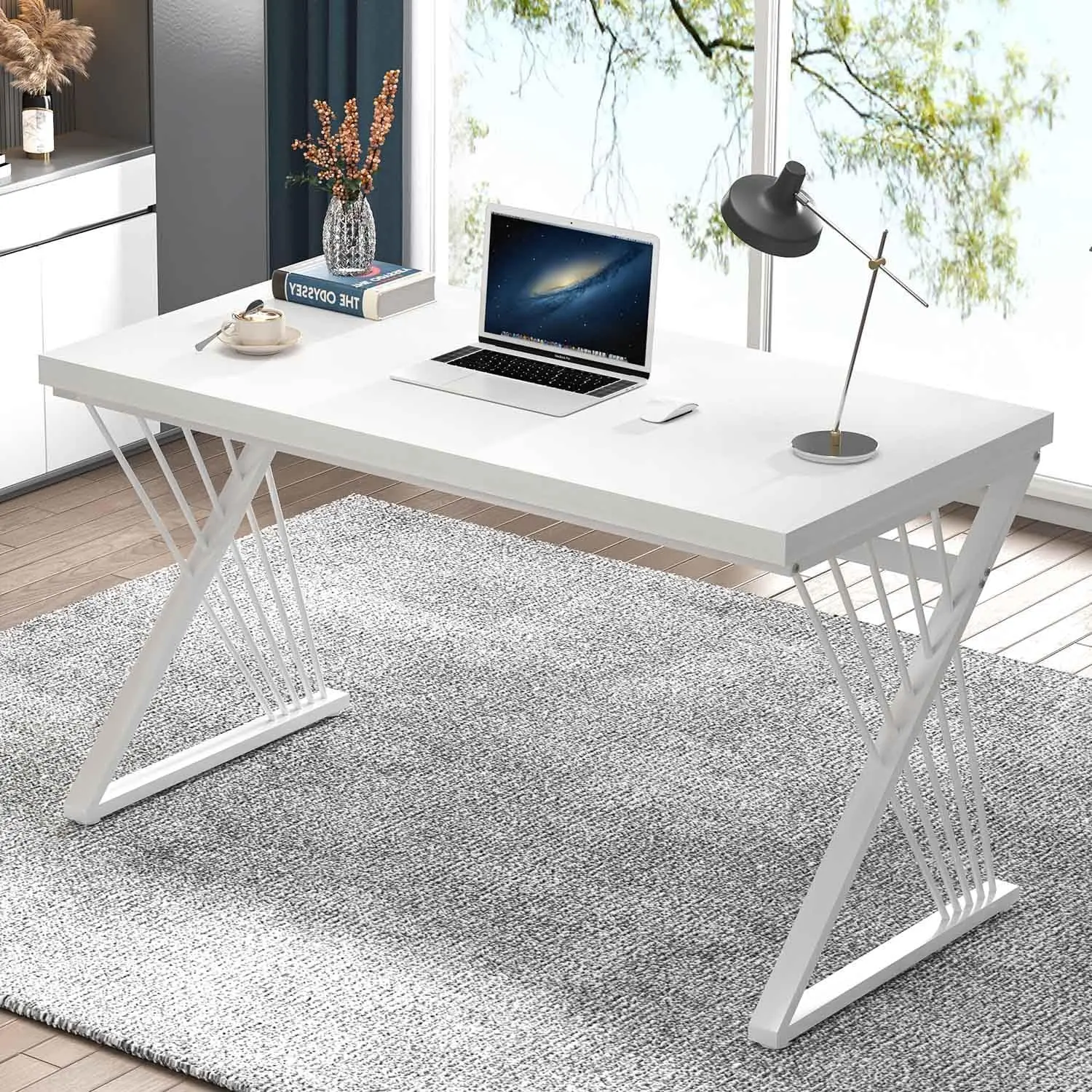 

White Desk, Modern Wood and Metal Computer Desk for Home Office, Simple Writing Work PC Desks for Bedroom, Industrial Study
