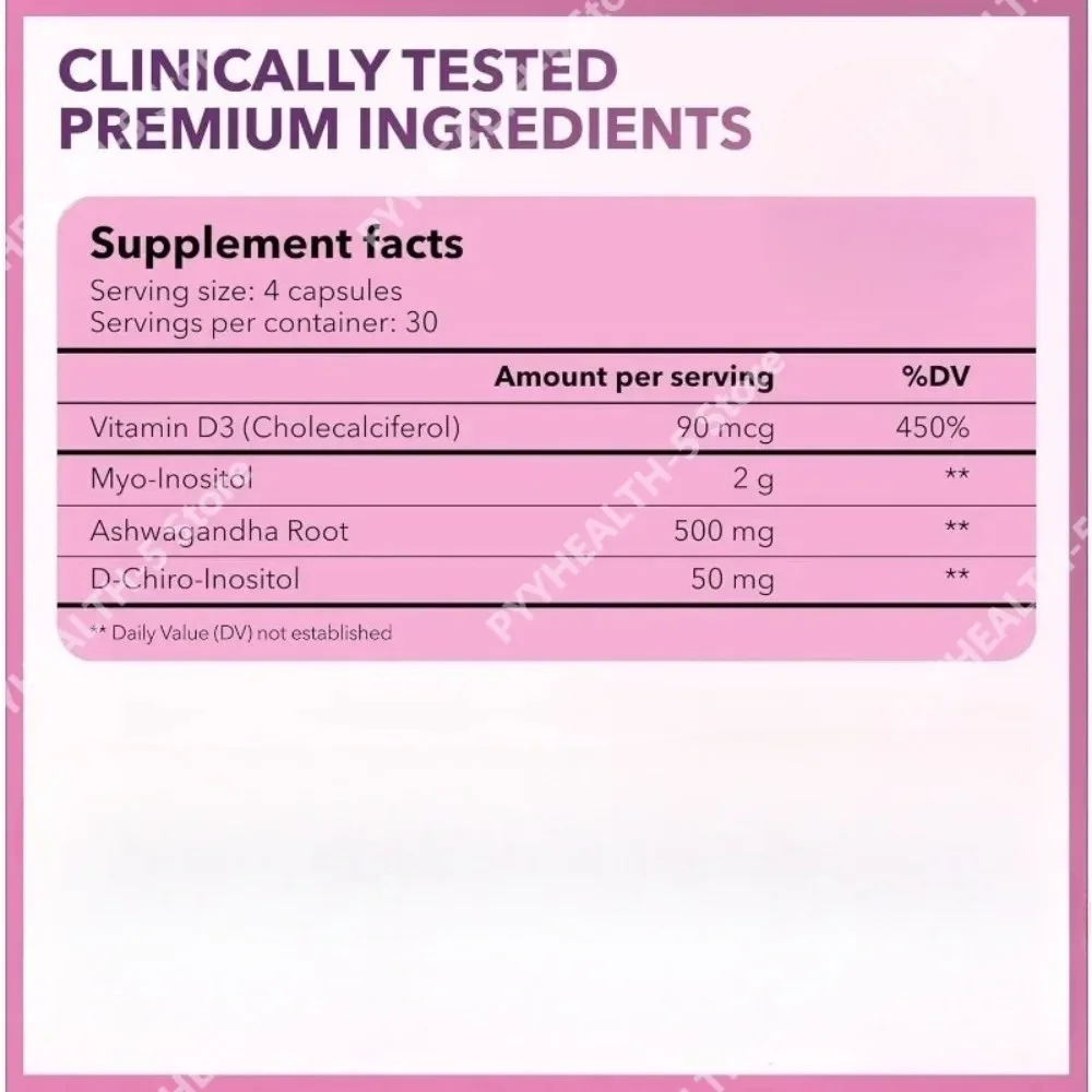 40:1 Myo-Inositol and D-Chiro Inositol Capsules with Vitamin D3 Ashwagandha, 120 Count Supplement