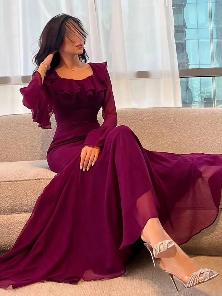 Jirocum Elegant Mermaid Prom Dress Women's Square Neck Ruffle Party Evening Gown Floor Length Bell Sleeve Special Occasion Gowns