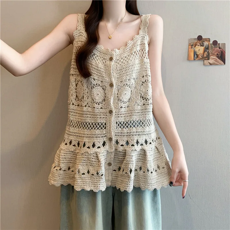 

Women's Knitted Hollow out Svel Vest Top Buttoned Summer Faion Versatile Cotton Blend Regular Length Casual Wear