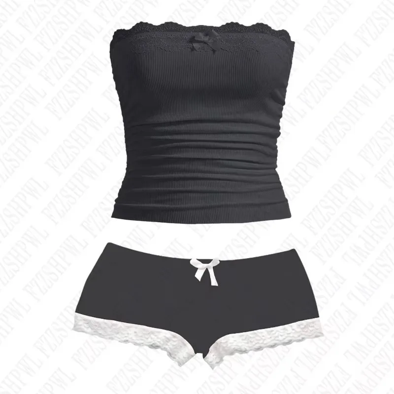

Women's Lace Lace Strapless Y2k Summer New Item with Exposed Solid Color Top Fashionable Super Shorts Two-piece Set