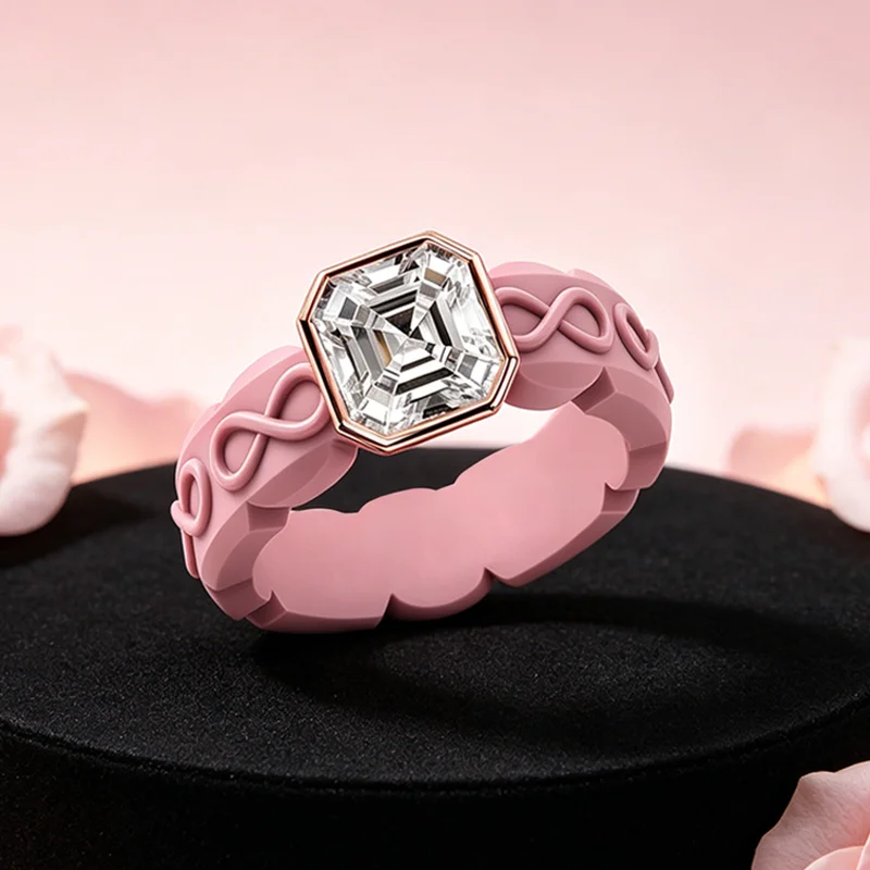 Ladies' Pink Infinity Symbol Patterned Silicone Ring, Hexagon-Cut CZ-Set Ring, Fashionable and Unique Jewelry Gift