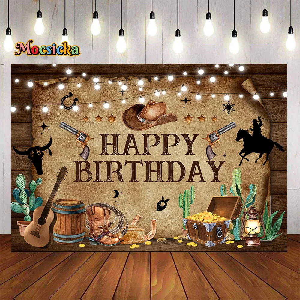 

Western Cowboy Boy Happy Birthday Background Cactus Boots Music Rave Party Brown Wooden Board Backdrop Kids Cake Smash Studio