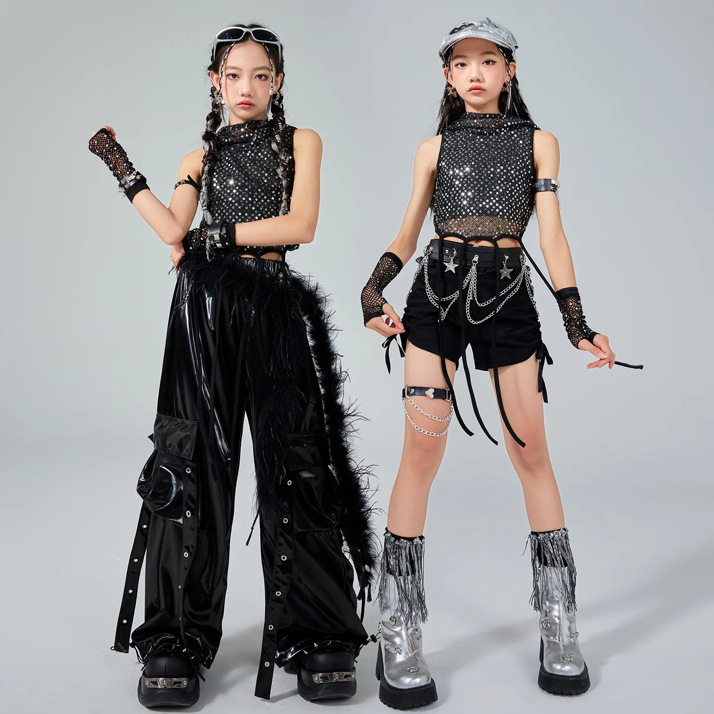Dziecięce stroje K-pop, cekinowa bluzka, spodnie dresowe dla dziewczynek, odzież do tańca jazzowego, fajny kostium do tańca hip-hop dla dzieci, odzież uliczna XS9983