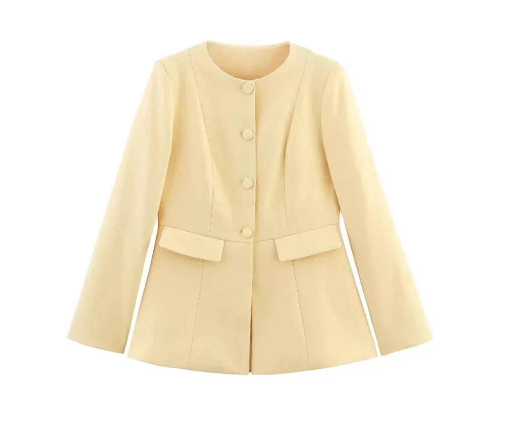 

Women's Slim Fit round Neck Jacket Autumn Fashion Pocket Decor Single Button Cover Coat Full Sleeve Length