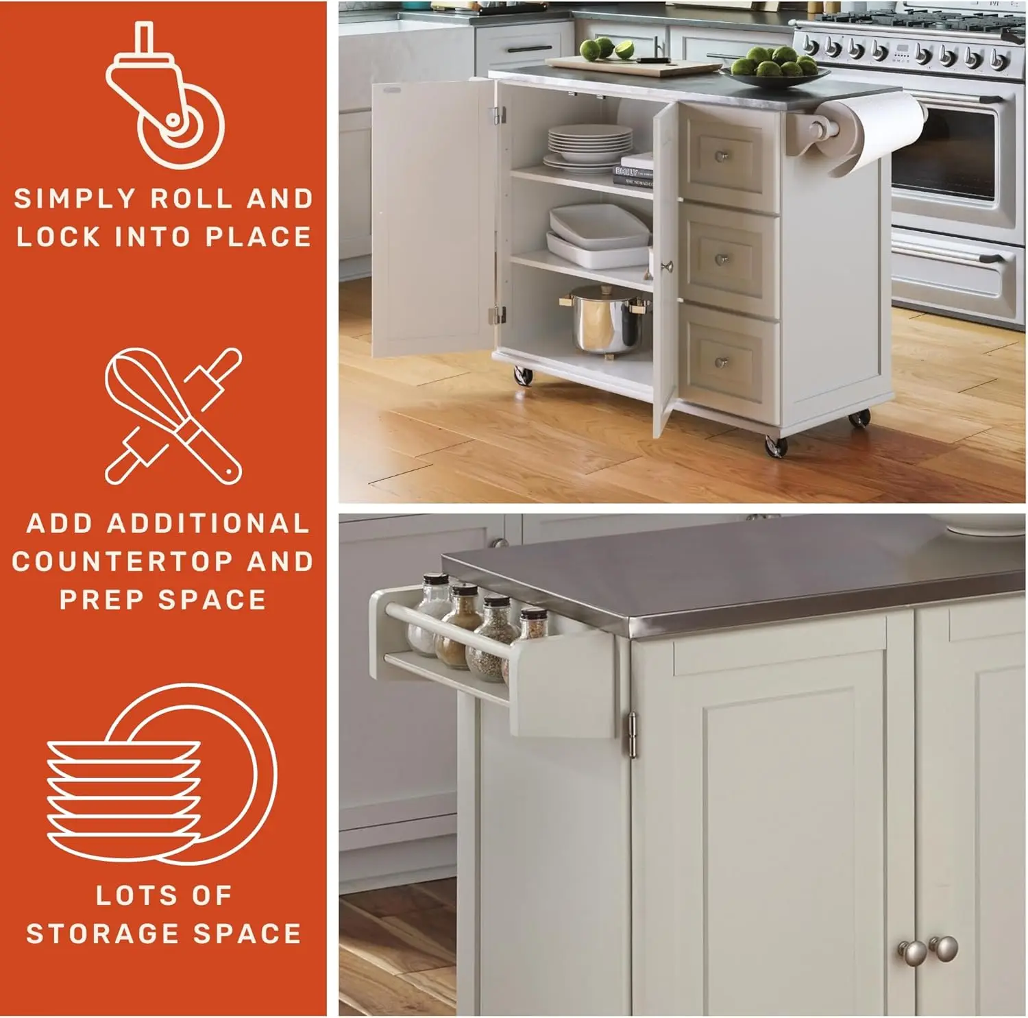 Ilha de cozinha móvel Rolling Dolly Madison com armazenamento e toalheiro, 54 polegadas de largura, branco