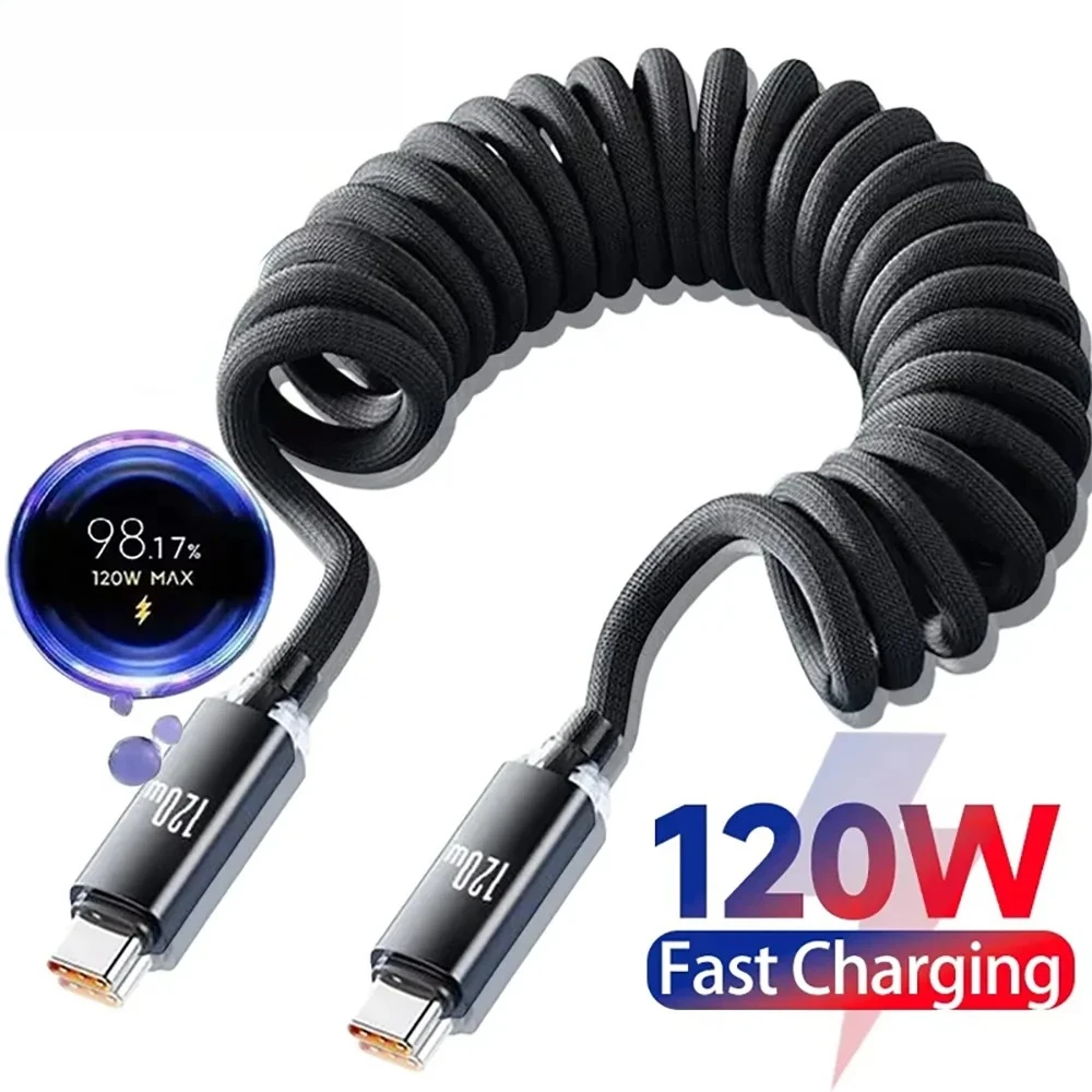 120W Car Type C to USB C Fast Charging For iPhone 17 16 USB A To Type C Spring Telescopic Cable For Samsung Xiaomi Huawei