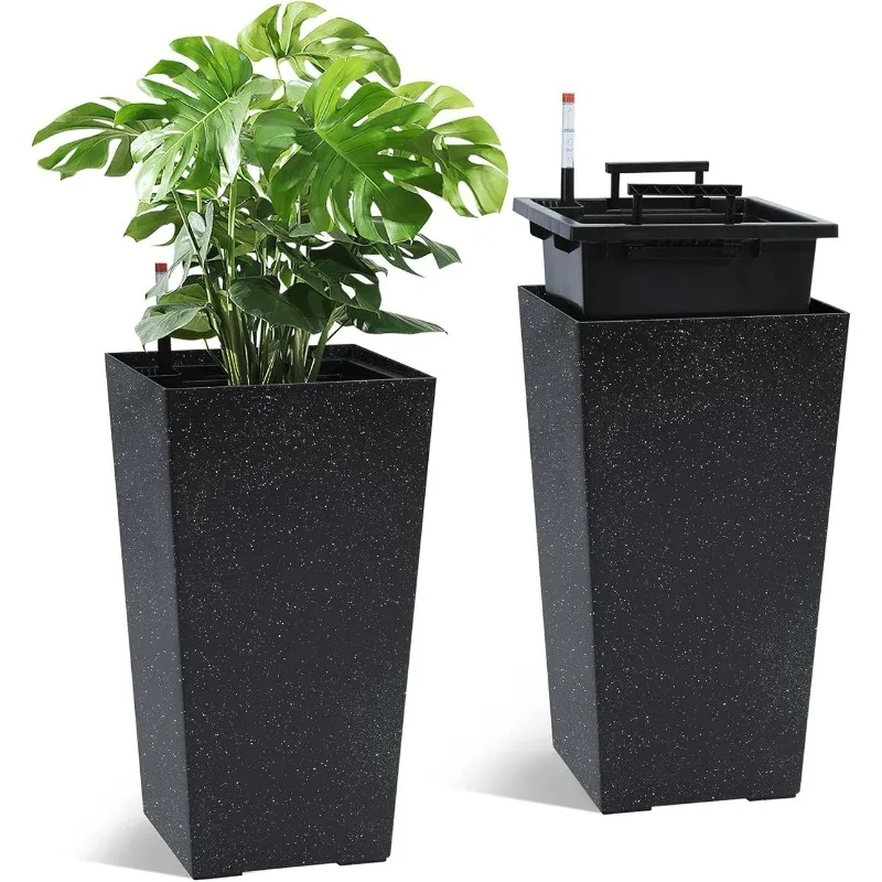 Rectangular Planters Set of 2, Large Plant Pots with Drainage Holes＆Water Level Monitor for Outdoor Indoor Patio Porch Rooms