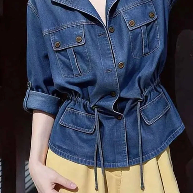 American Hong Kong Style Design Lapel Waist Cinched Long Sleeved Denim Shirt Women 2026 New Spring Autumn Cowboy Shirt Jacket
