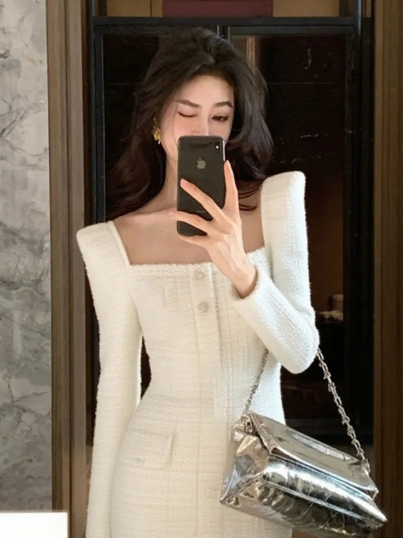 新しい高級セクシーなスクエアカラードレス女性ツイードハイエンド秋のファッションエレガントなスリムウエスト長袖パーティードレス Vestidos