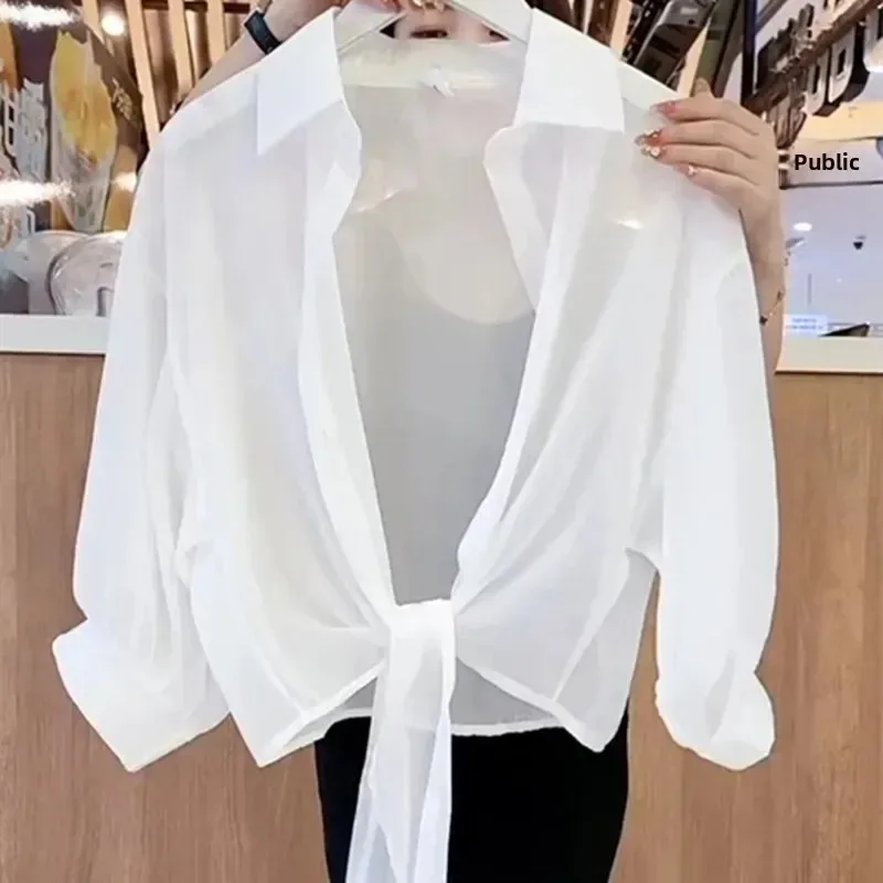 Women's Summer New Style Ice Silk Sun Protection Shirt Thin Fashionable Chiffon Air Conditioner Cover up Versatile Collar