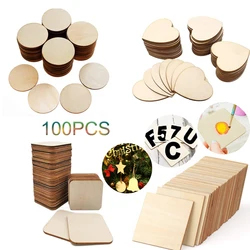 Unfinished Wooden Square/Round/Heart Shaped for Crafts 100 Pcs 3cm/5cm/8cm/10cm Blank Wood for Wedding Ornaments Christmas Party