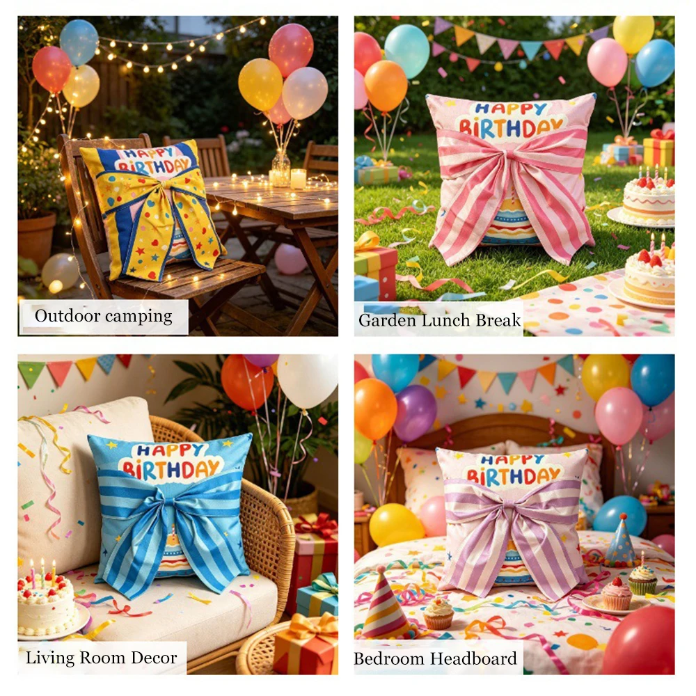 2PCS Birthday Party Bow Pillowcase Cojines Happy Birthday Letter Print Headboard Pillow Cover Indoor Sofa Cushion Covers 45x45