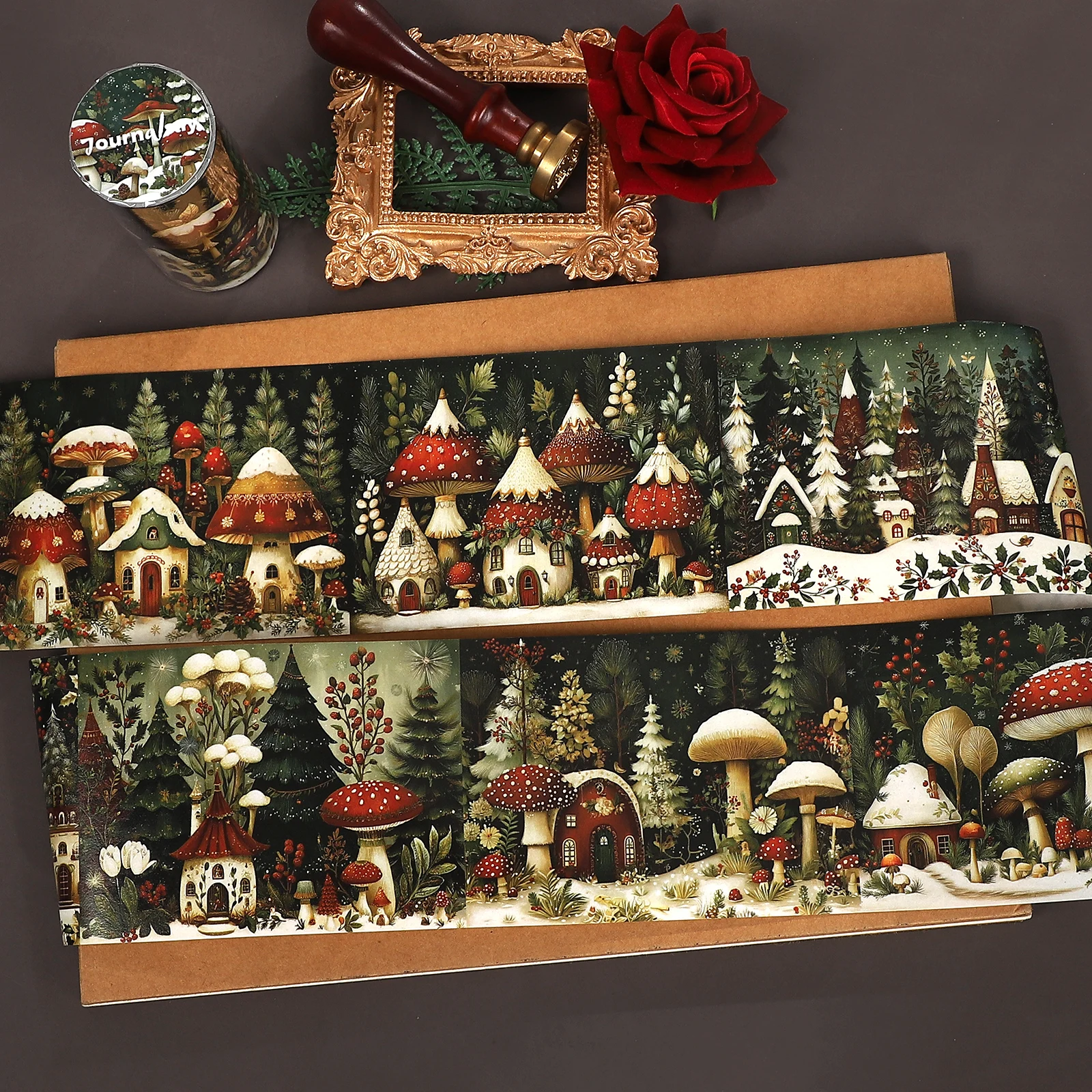 80mm*161cm Vintage Christmas Mushroom House Landscape Washi Tape Creative DIY Journal Material Collage Scrapbooking Stationery