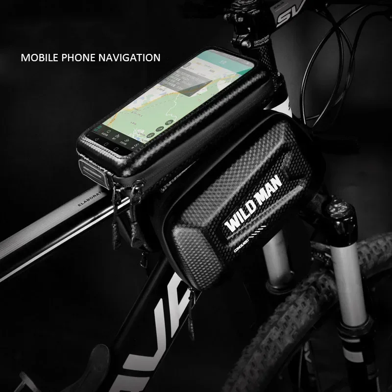 WILD MAN Hard Shell Front Bicycle Bag Bike Top Tube Bag Cycling Pouch 7.0 Inch Phone Case Touch Screen Mtb Bag Accessories