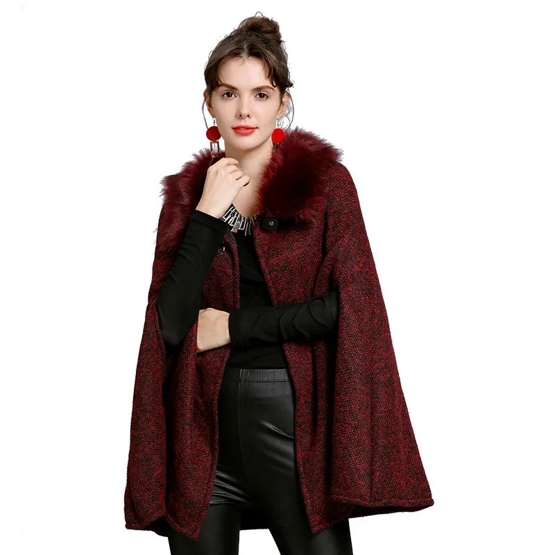 

2021 European and American Autumn and Winter New Imitation Fox Fur Collar Plus Velvet Knitted Cardigan Cape Shawl Jacket Women