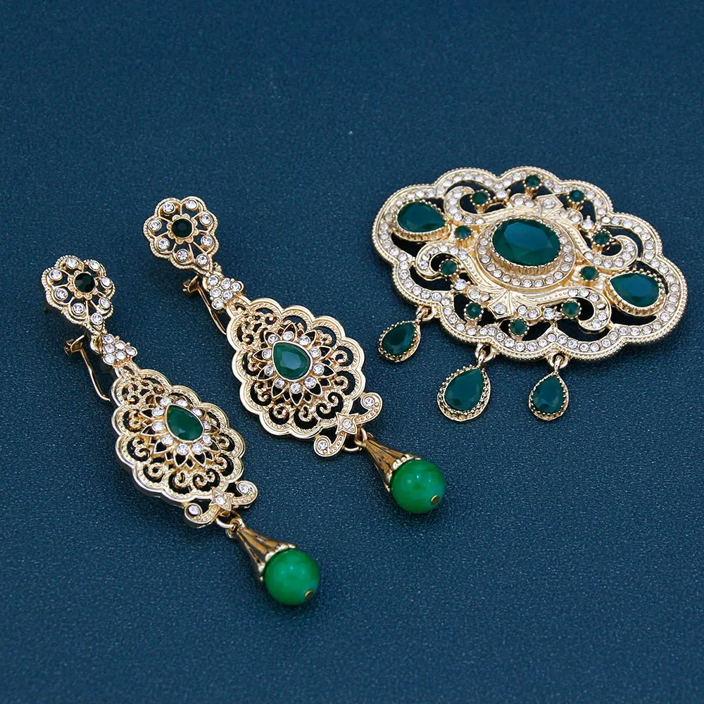 Sunspicems Moroccan Wedding Jewelry Bridal Brooch Earring Set Gold Color Red Green Crystal Hijab Pins Arabic Wedding Accessories