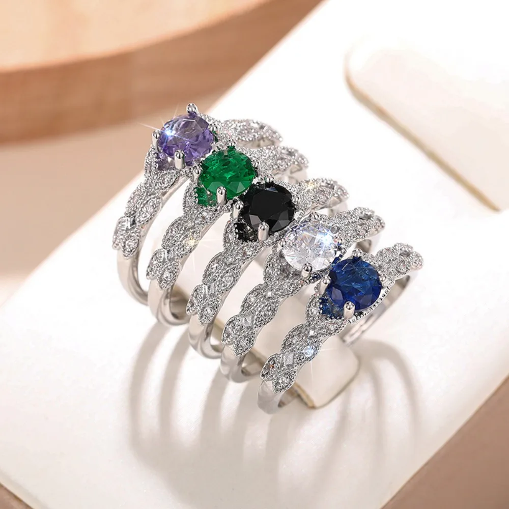 Temperament Four Claws Inlay Colored Gemstone 5A Zircon Leaf Vine Band Rings for Women Elegant Promise & Wedding Jewelry Gifts