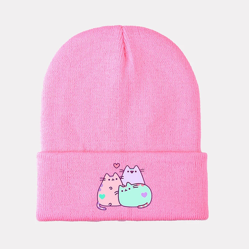 Pusheen dzieci czapki z dzianiny nakrycia głowy Anime grube koty zimowe wełniane czapki drukowane Skullies czapki chłopcy dziewczęta Bonnet prezent