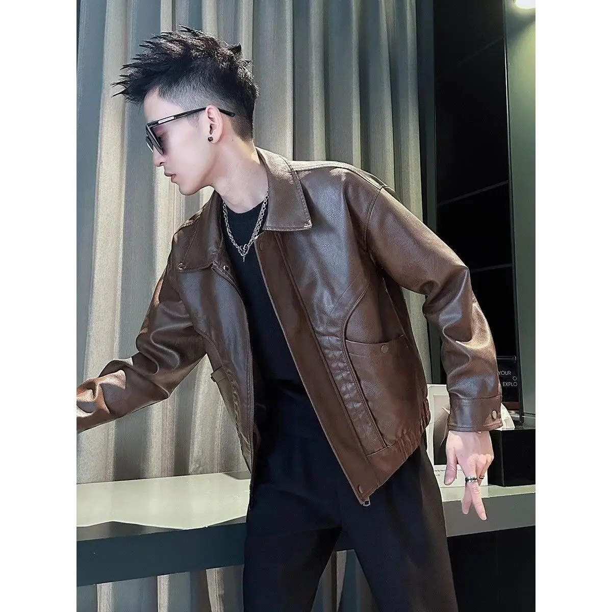 Trendy PU Leather Jaet Men's Faionable Streetwear Winter Warm Thiened Double-Sided Wear Casual Sle Metal Bule Sve