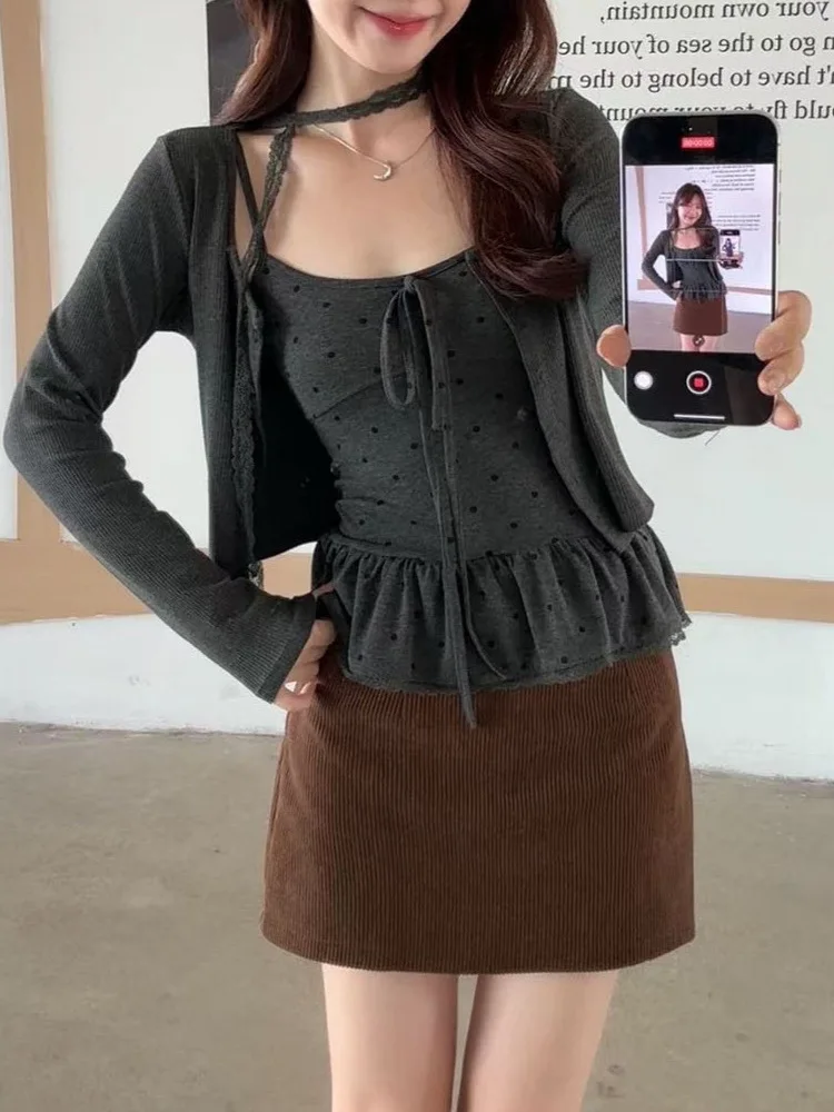 

Lotus leaf edge polka dot sling vest long sleeve cardigan women's new fashion suit