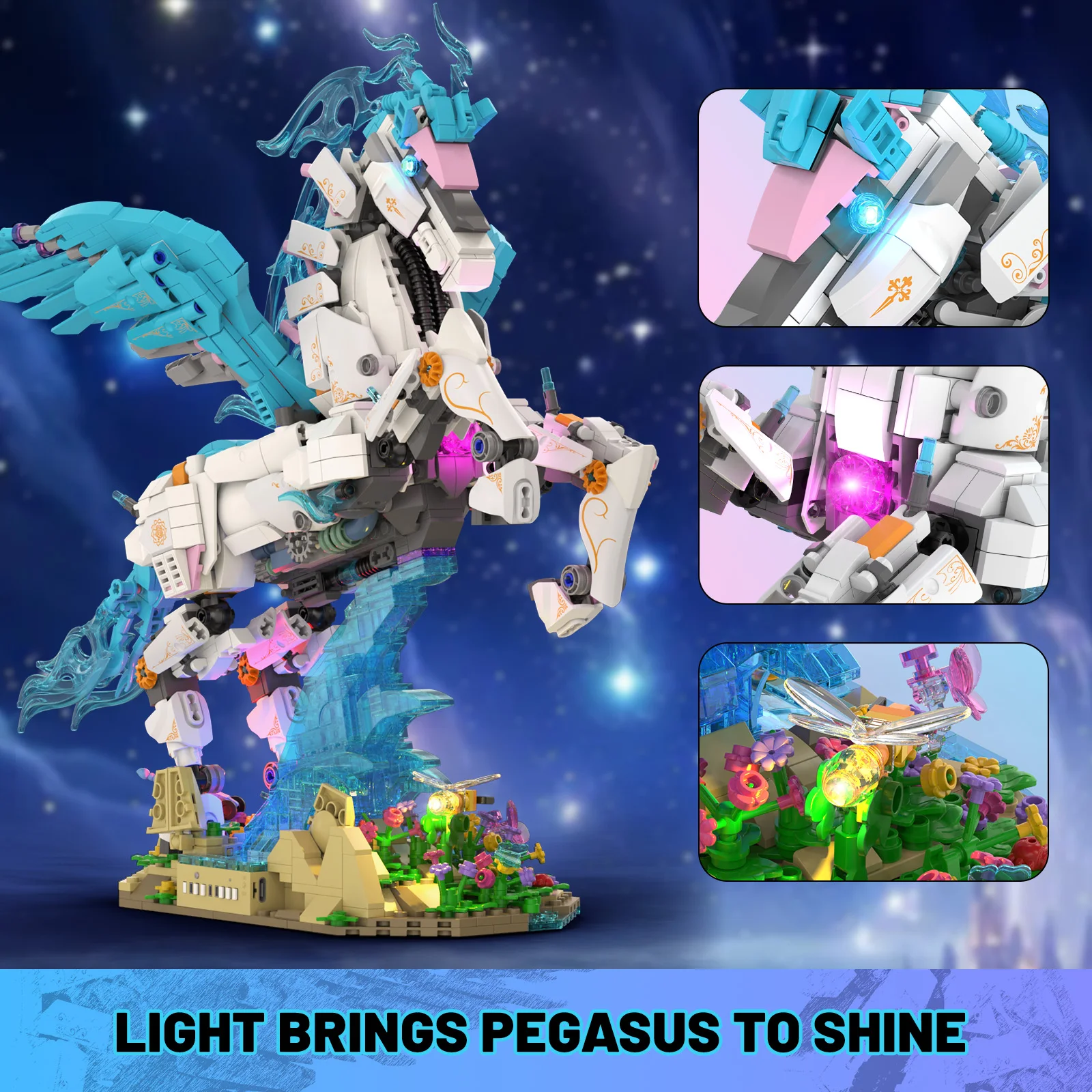 

1878PCS Mechanical Pegasus Model Assembly Toy with Lights, Home Bedroom Ornament, Building Blocks Set, Adult Birthday Gift