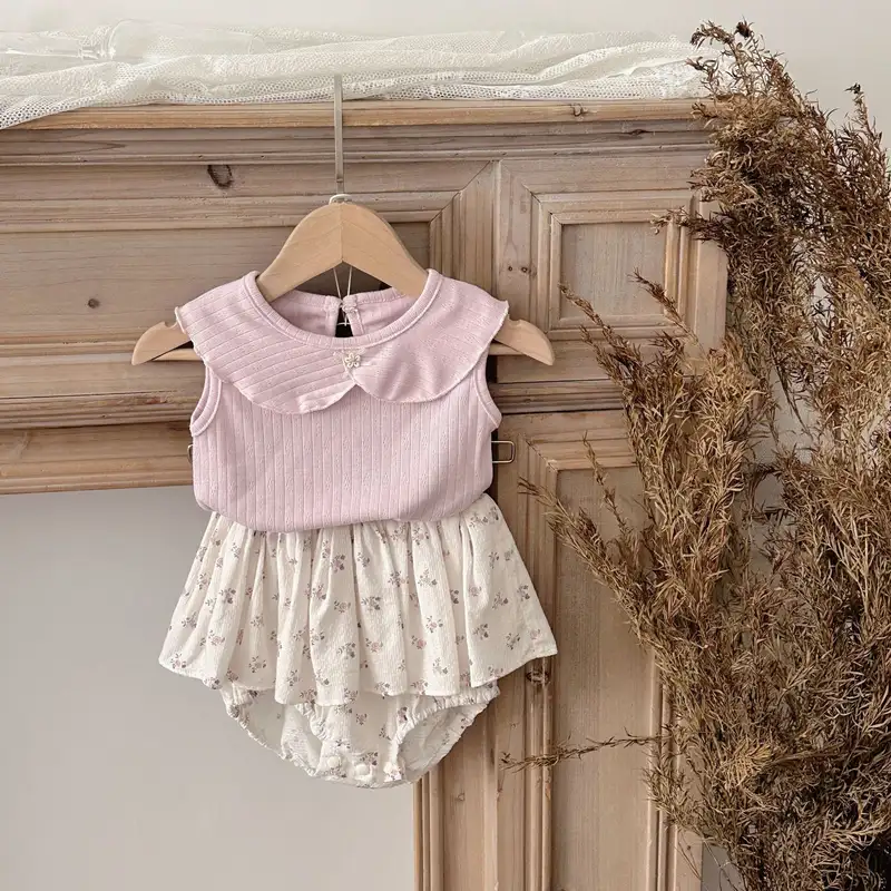 2026 Summer New Baby Girl Sleeveless Clothes Set Infant Girl Cotton Lapel Vest + Floral Shorts 2pcs Suit Toddler Girl Outfits - Image 2