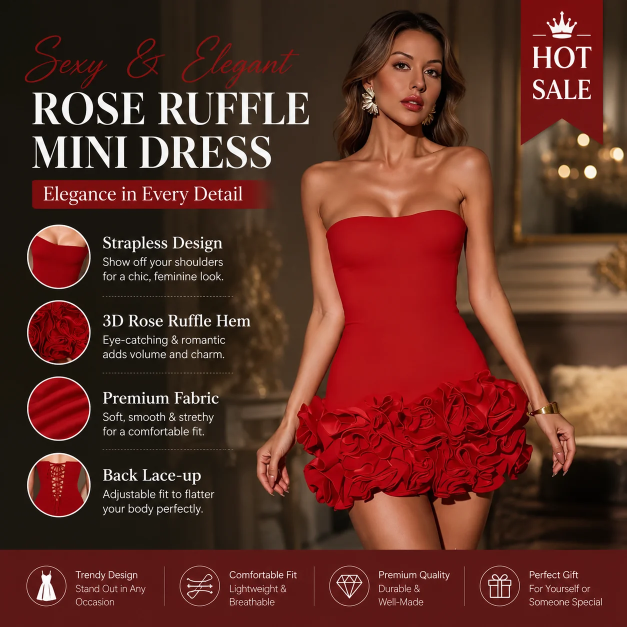 Christmas Dress Strapless Backless Red Structured Floral Embellished Mini Length Bodycon Celebrity Party Cocktail Dress