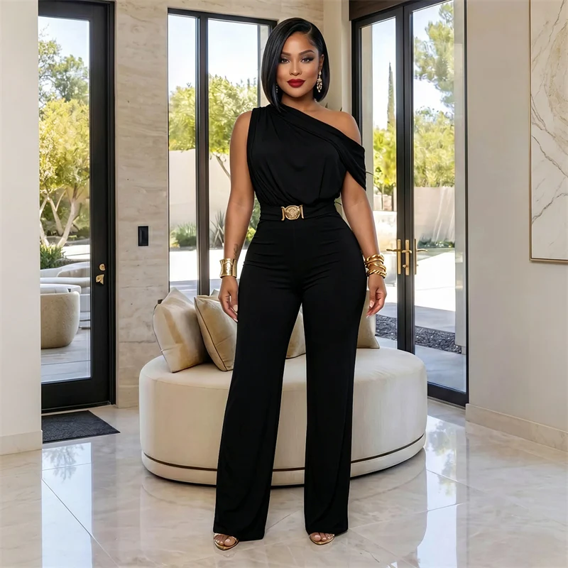 Doyerl Off Shoulder Romper for Woman Jumpsuit Elegant Party One Sleeve High Waist Wide Leg Overalls with Best Monos Mujer Verano