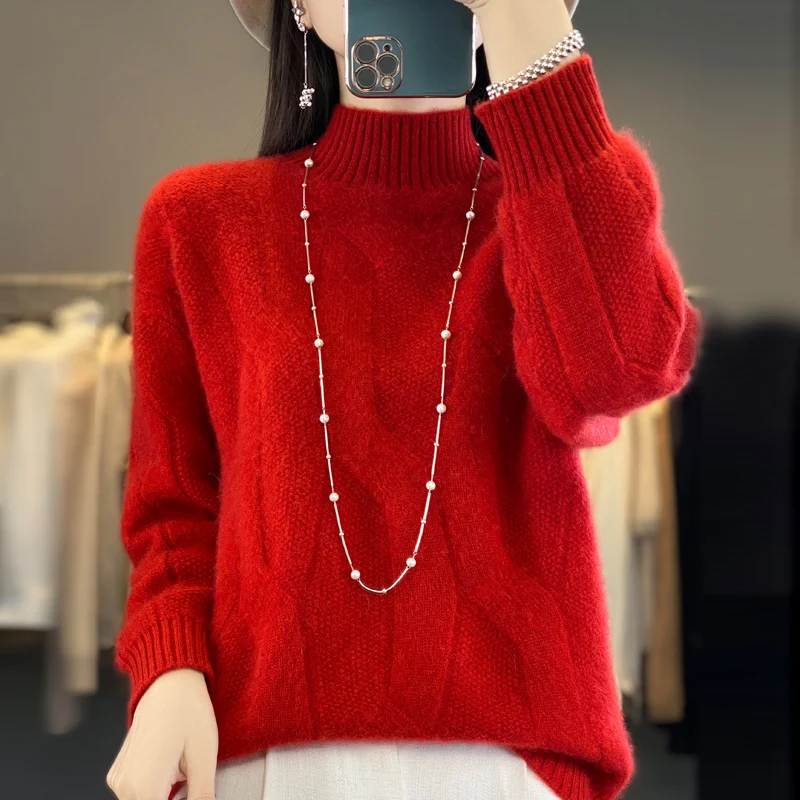 

100% pure sweater women's semi-high neck solid color knitted pullover new twisted flower slim versatile bottoming sweater in aut