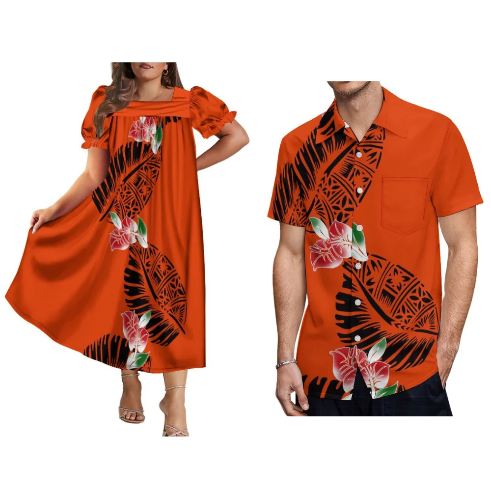 Abito dell'isola polinesiana Abito maxi Mumu con maniche a sbuffo per donna e camicia da uomo hawaiana Abito da coppia taglie forti Samoa