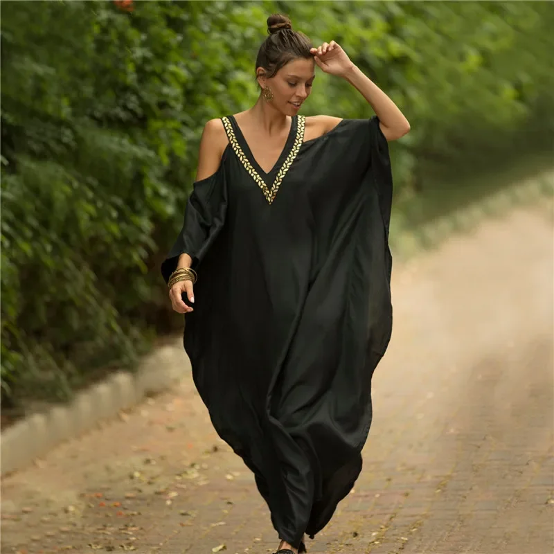 

V-neck Embroidered Beach Dress Off-shoulder Loose Sunscreen Shirt Dress Women Seaside Holiday 2023 Spring Summer New Style