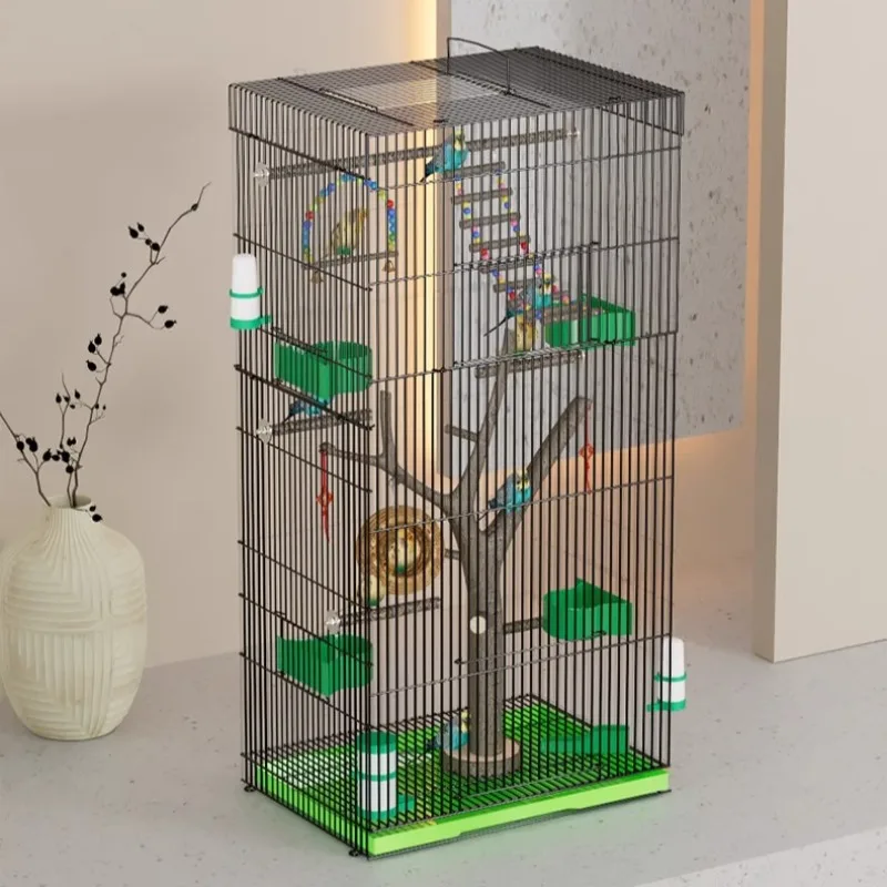 ‌ Jaula para pájaros vertical grande con percha de madera natural - Habitat biofílico para periquitos y misinas, avario de pie de acero para loros