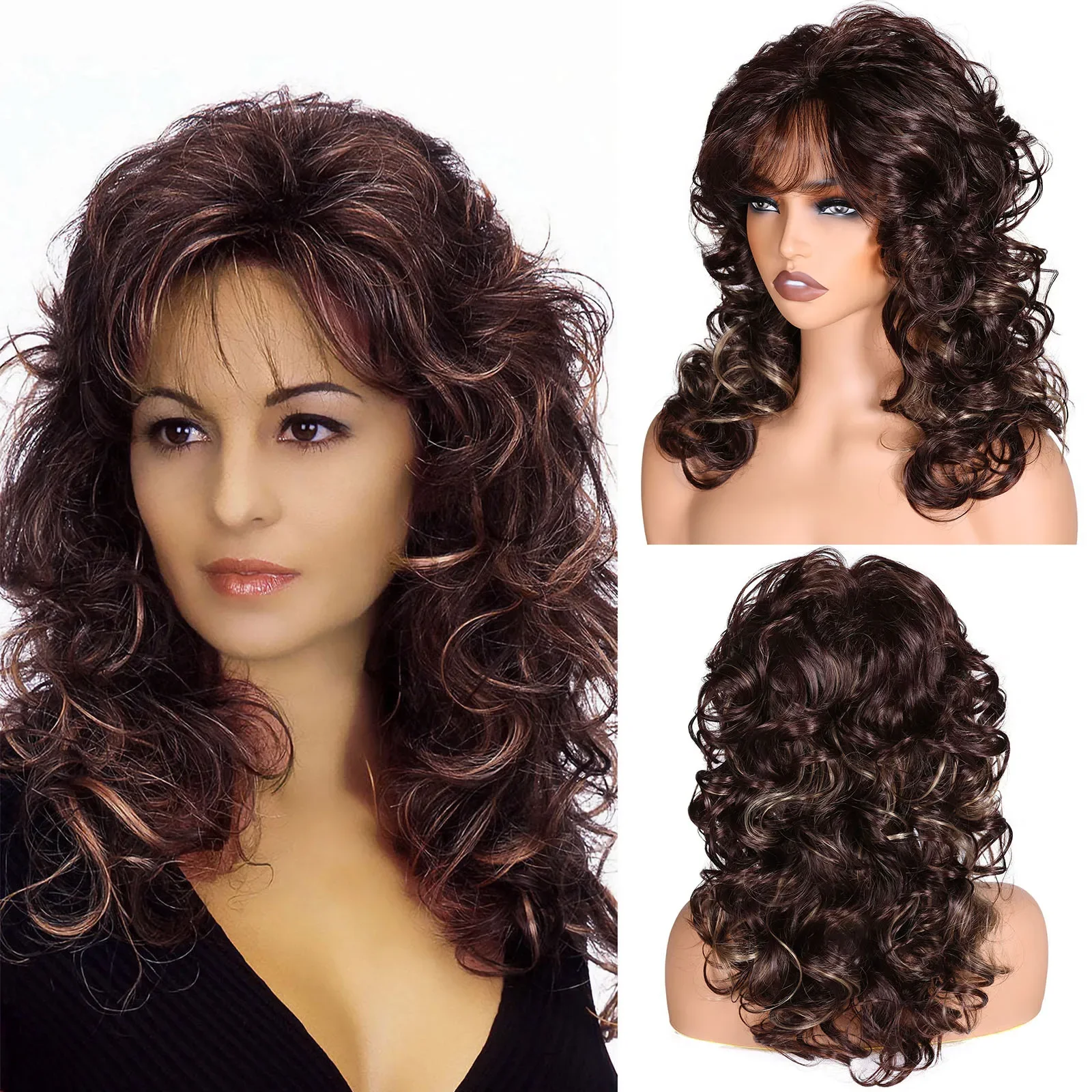 

Long Curly Wavy Dark Brown Bangs Women Natural Looking Heat Resistant Synthetic Wigs