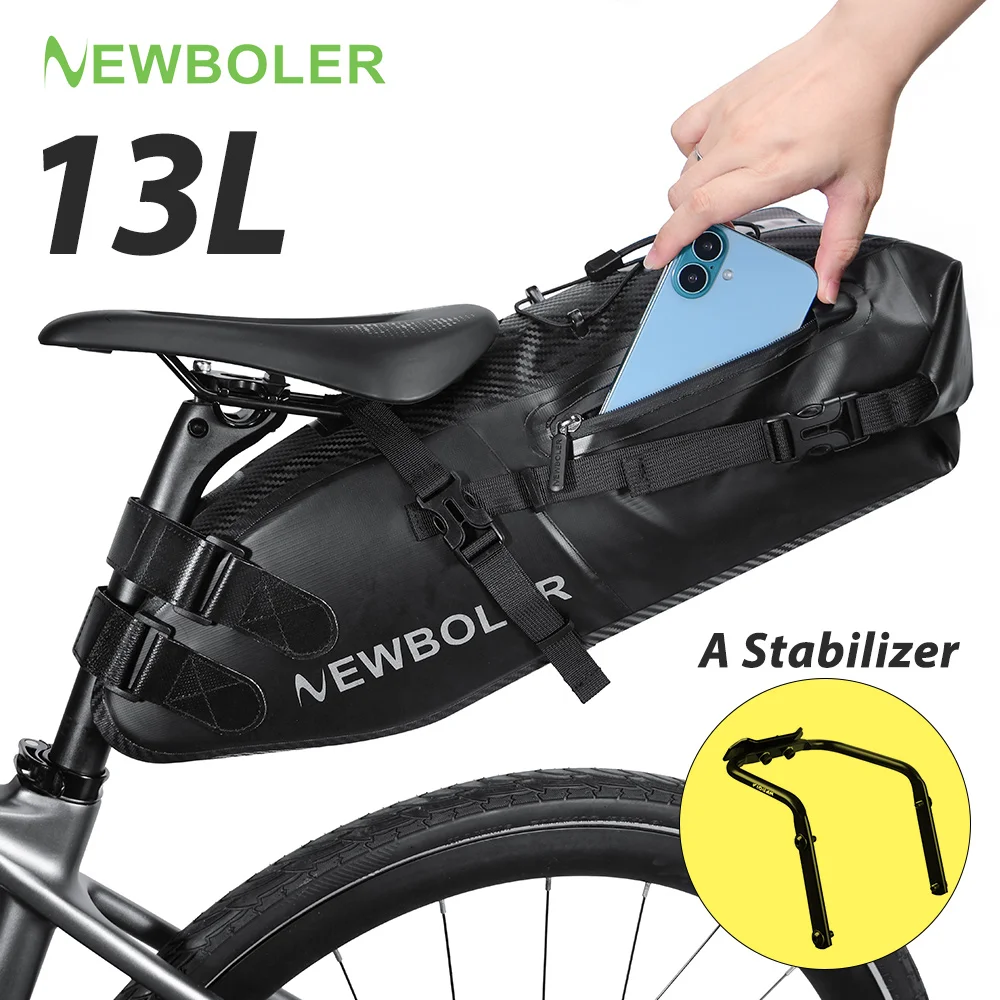 NEWBOLER Carbon Grain Bicycles Saddle Tail Bag Stabilizer Bracket Water Waterproof 13L Large Capacity Foldable Bike Bag