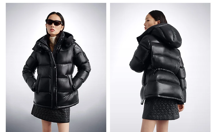 BOSIDENG Women Hooded Short Goose Down Coat 90% Goose Down 700+ Loft Shiny Fabric Adjustable Waist Puff Winter Outerwear