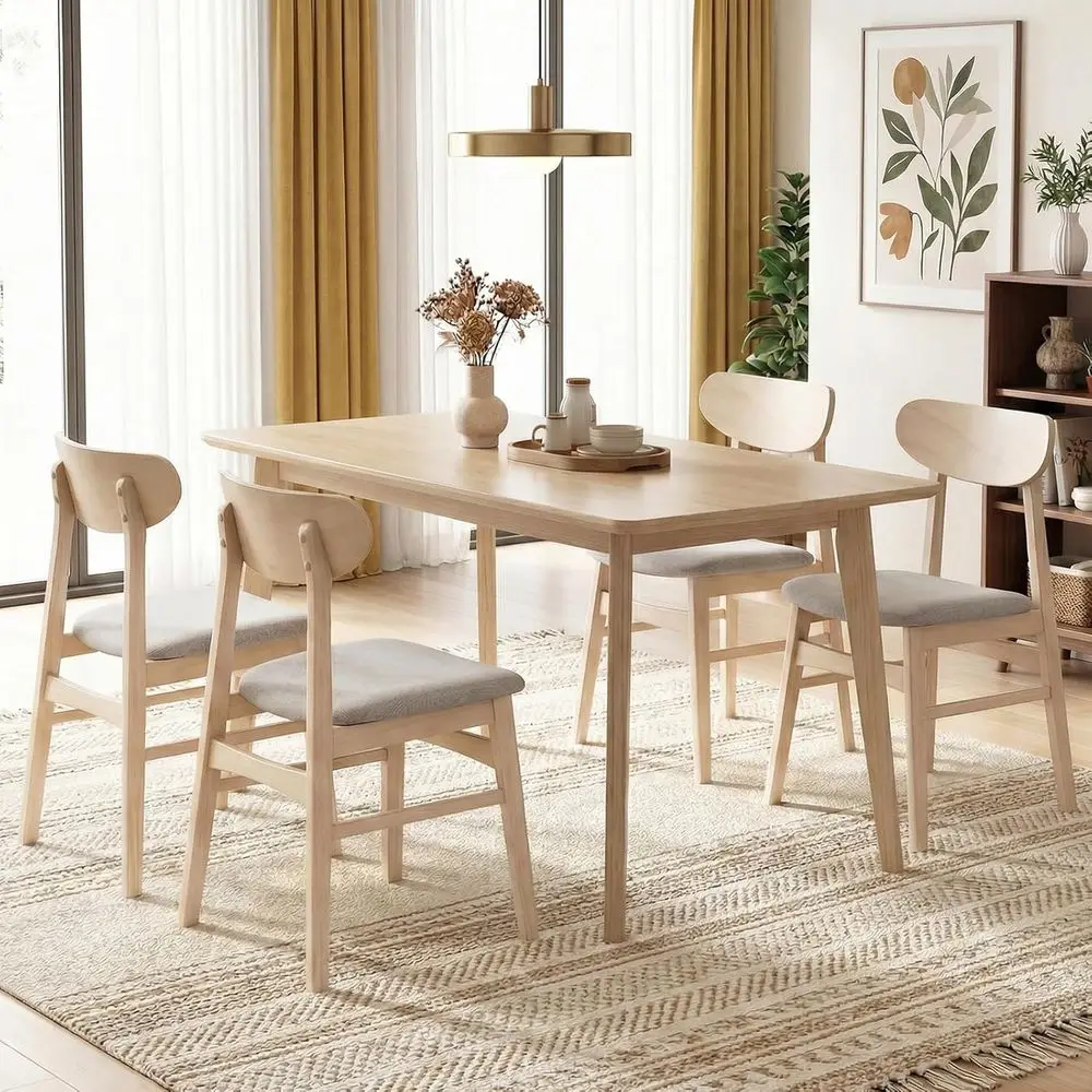 

4-Piece Modern Fabric Upholstered Wooden Arm Chairs with Curved Backrest & Padded Seat, Rustic Accent Side Chairs for Kitchen or