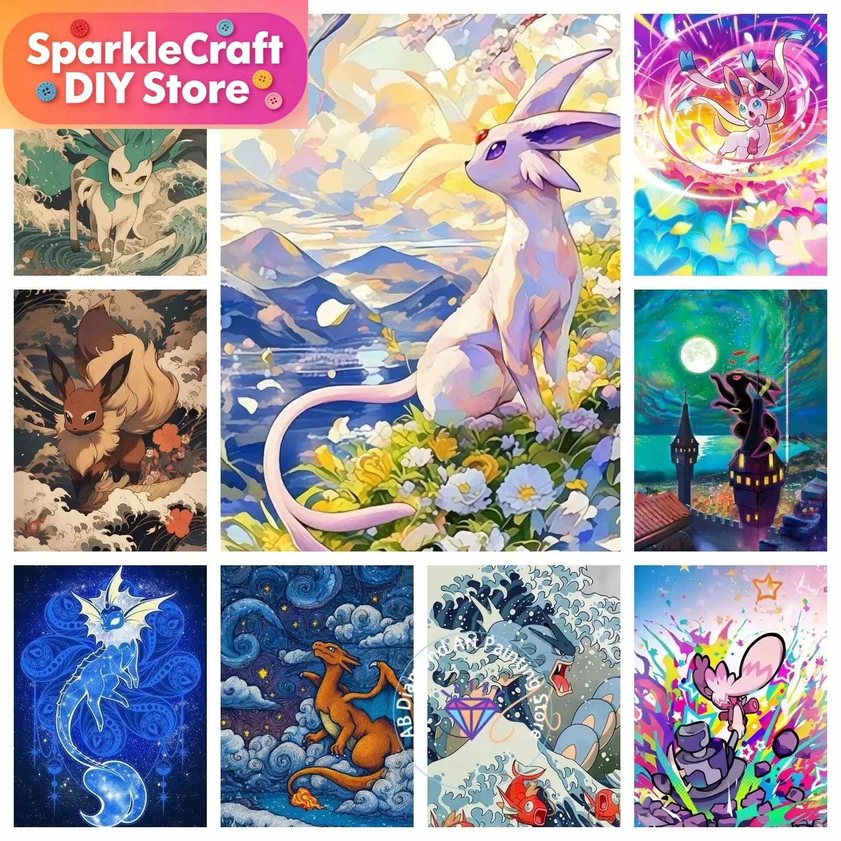 1pc frameless Pikachu Charizard Eevee Diamond Painting Kits 5D DIY Diamond Embroidery Cross Stitch Handmade Art Gift Crafts Home