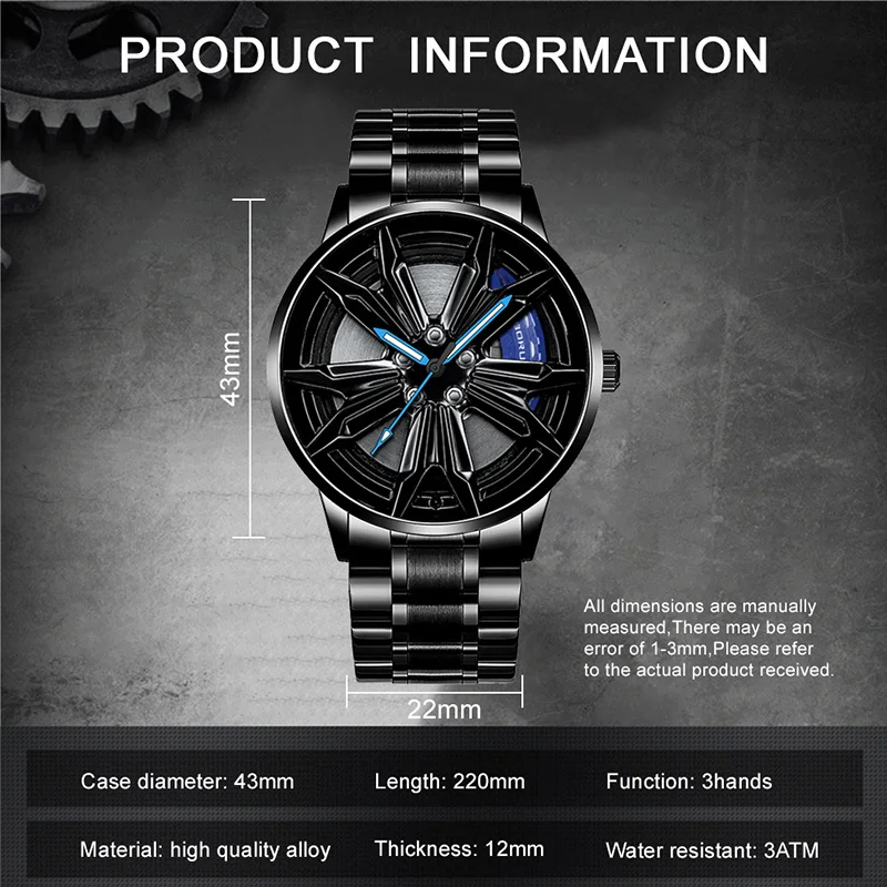 BORUSE 2024 Fashion Men's Car Wheel Watches for Men Sports Waterproof Quartz Wristwatch Stainless Steel Wheel Hub Watch