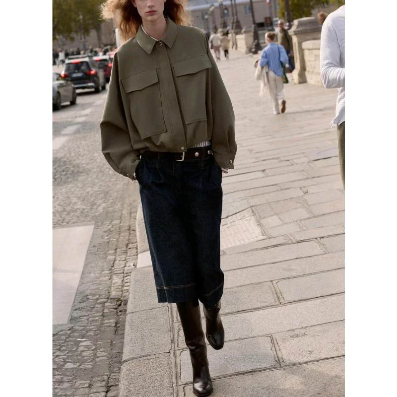 Otoño Invierno nuevas mujeres Casual Sle Long Sve dobladillo plisado piloto Jaet abrigo suelto ajuste ort longitud botón cierre Polyes...