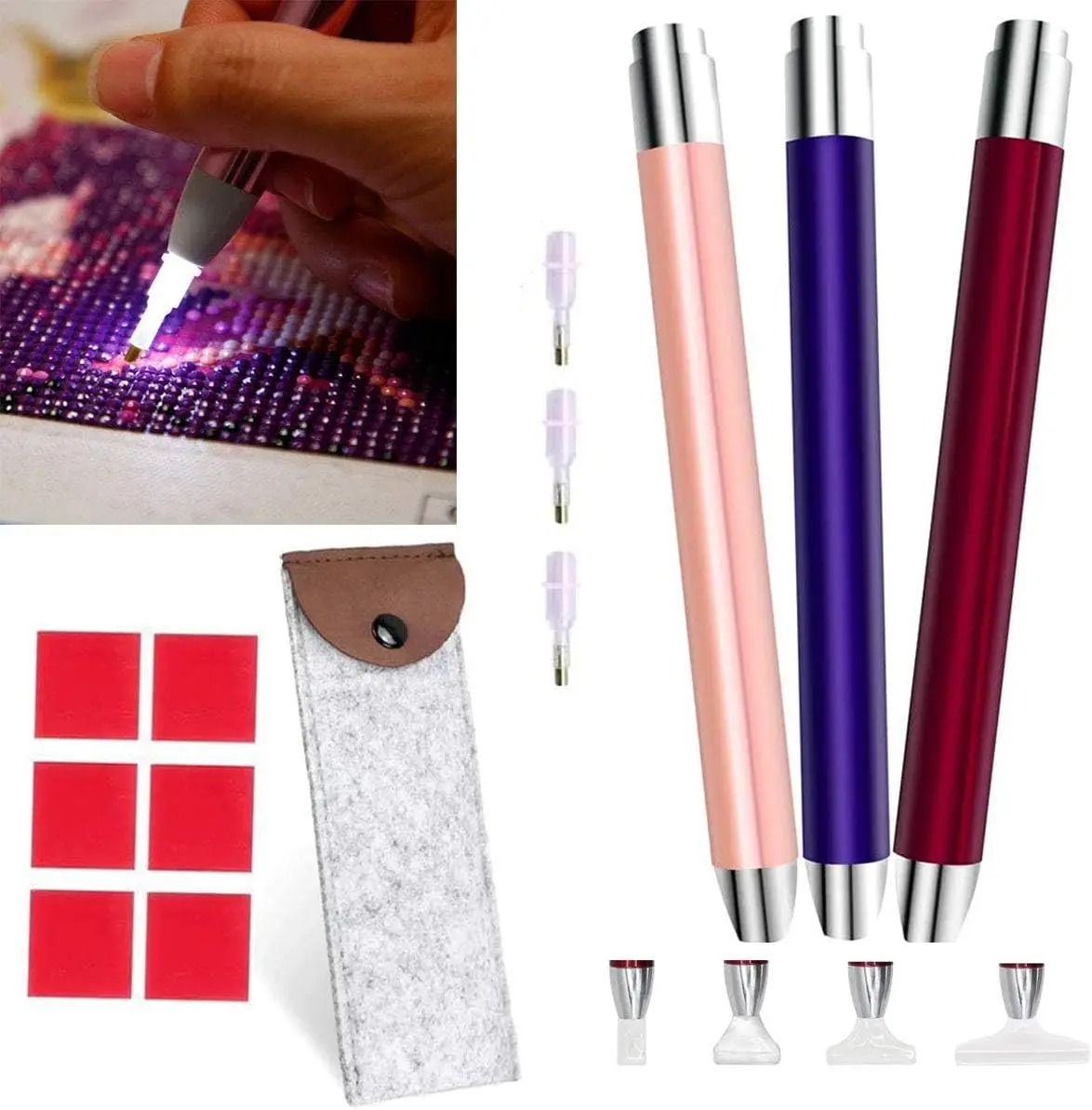 

3PCS LED Diamond Painting Pen with 360° Roll Head, 4 Replaceable Tips, Storage Bag & Picker Tool Kit for DIY Art Craft