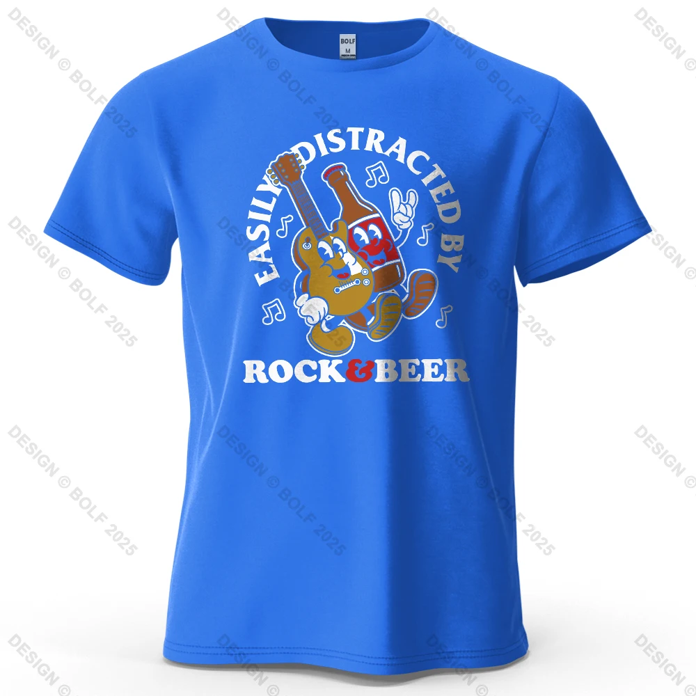 Rock and Beer Easy Distraction Print Loose Retro Meme Pattern T-shirt for Women Round Neck T-shirt Personalized Streetwear