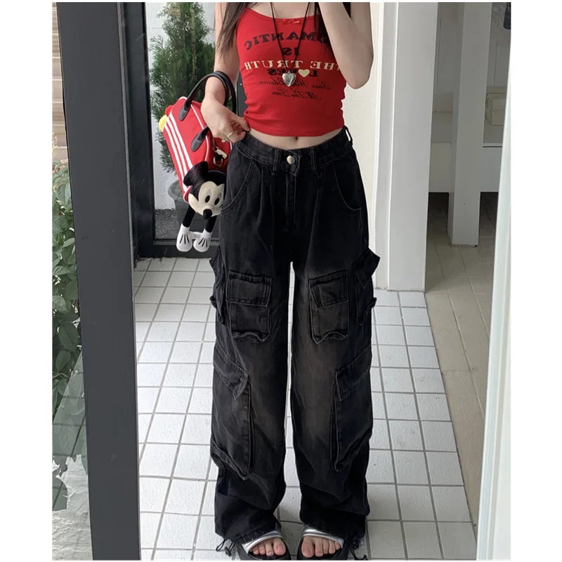 

Black Womens Jeans High Waist Vintage Straight Summer Denim Pants Street Multiple Pockets American Wide Leg Baggy Denim Trouser