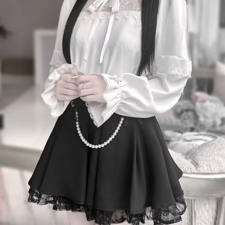 Gothic 2-teilige Röcke Sets Damen Outfits Lolita Süße Spitze Schleife Hemd Kawaii Perle Y2k Miniröcke Weibliche schlanke Rock Sets