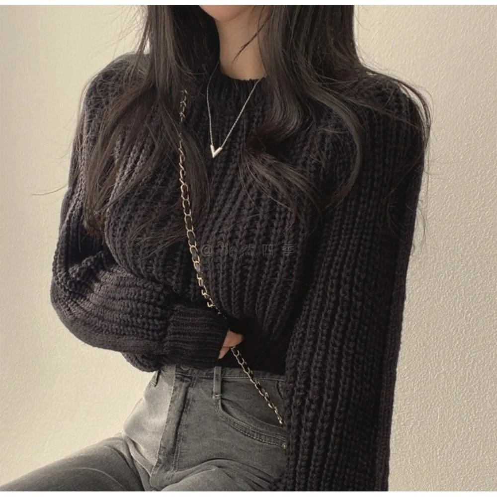 

Корейский стиль, осенне-зимний женский свитер, свободный однотонный женский свитер с длинными рукавами, винтажный мягкий трикотаж с фонариком, теплые топы