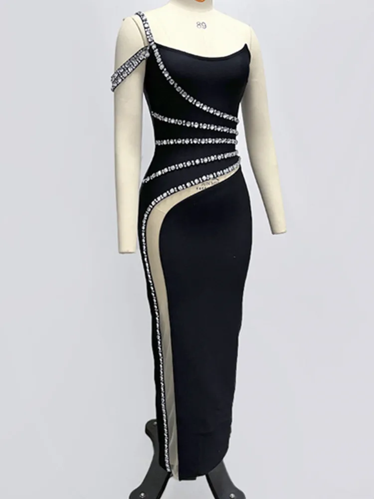 Women Celebrity Sexy Strapless Backless Beading Diamonds Black Maxi Long Bodycon Bandage Dress 2024 Evening Club Party Outfit