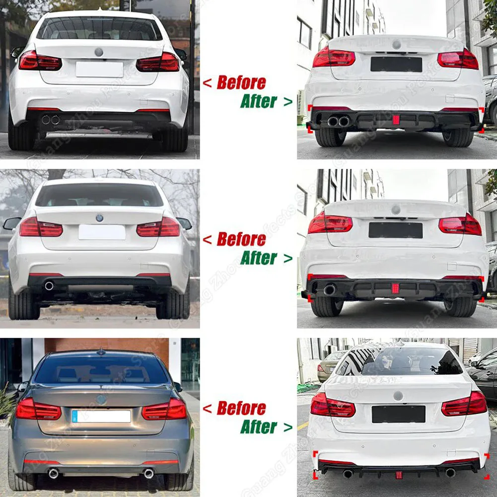 For BMW 3 Series F30 MT 2013-2019 MP Rear Bumper Diffuser With Light Car Lower Spoiler Splitter Body Guard Kits Gloss black PP