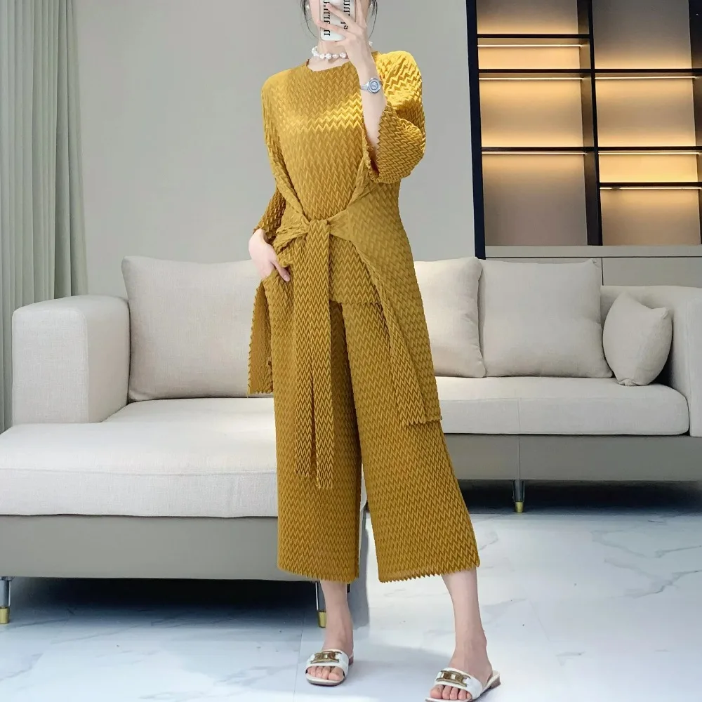 Women's Handmade Pleated Lace Up Long Sleeved Shirt+wide Leg Elastic Pants Casual Style 2024 Autumn New Pants Two-piece Set